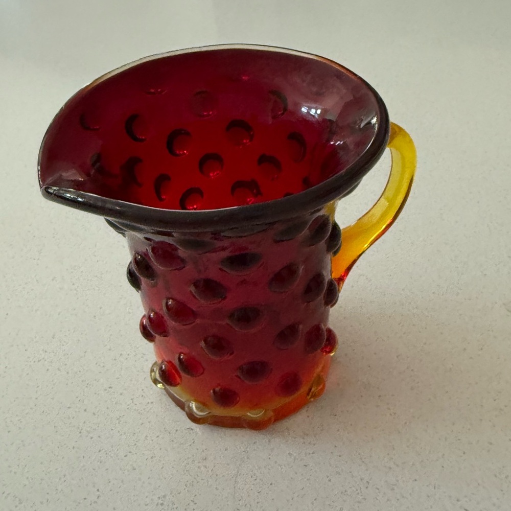 Glows! MCM Vintage Kanawha Amberina Hobnail Small Pitcher Applied Handle 3.5"